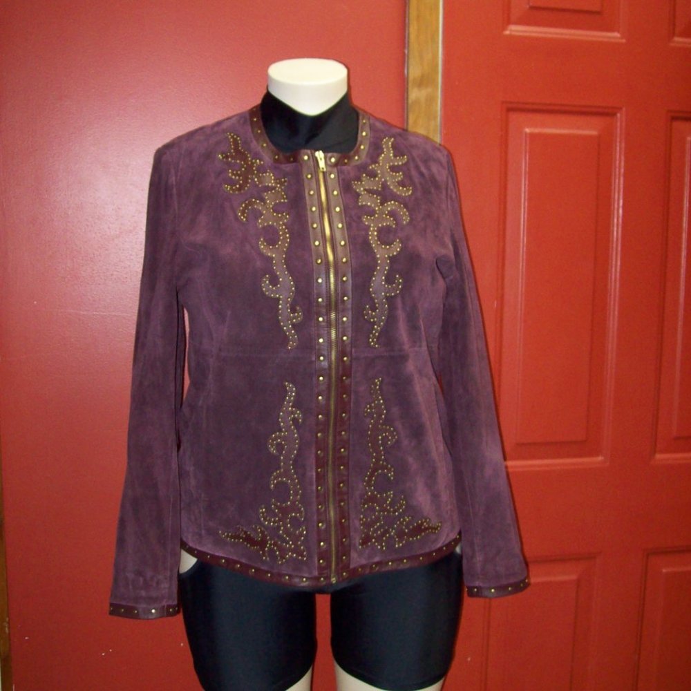 LINEA BY LOUIS DELL’OLIO GOLD STUDDED SUEDE LEATHER JACKET XL Burgundy